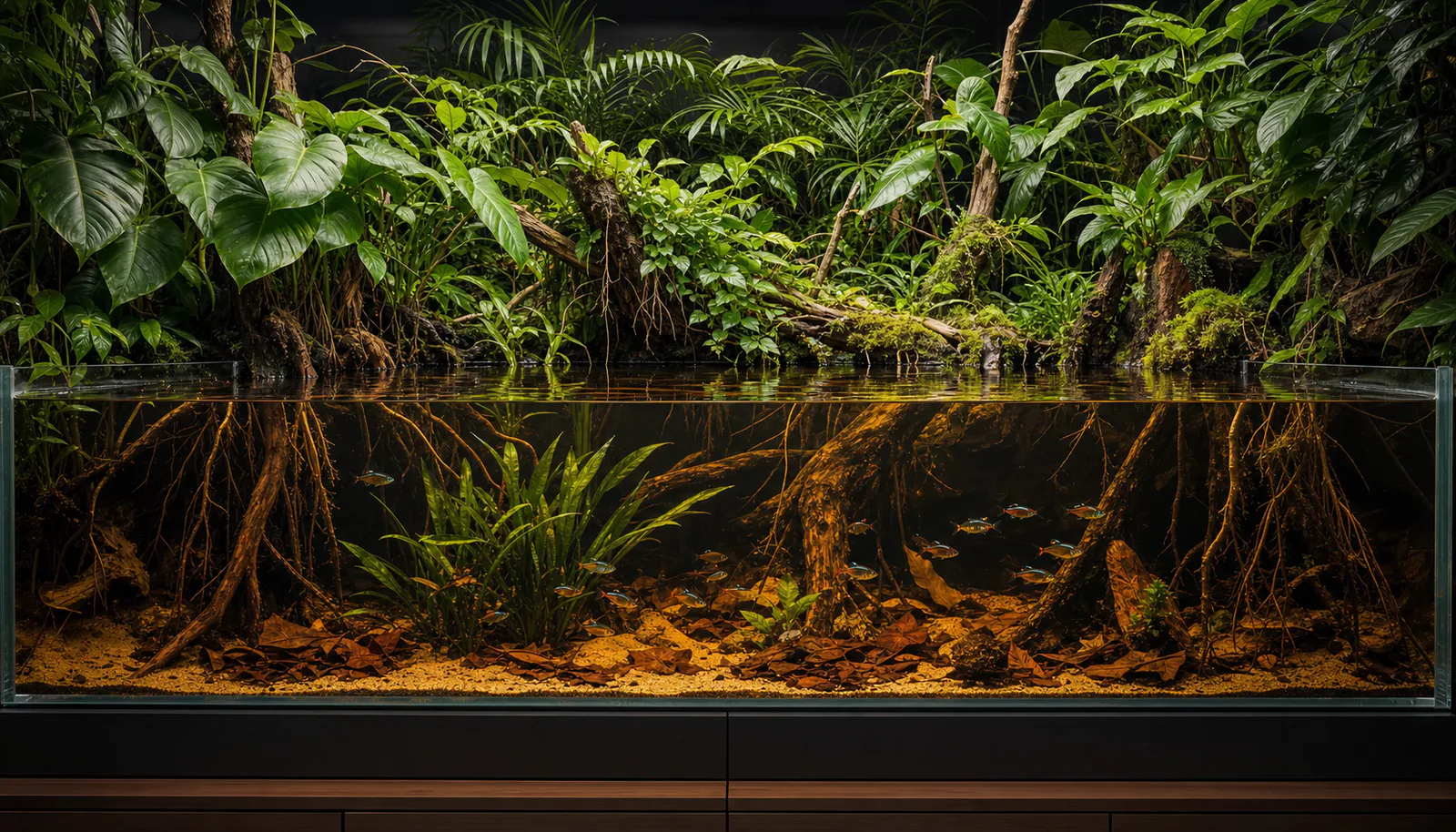 Large aquarium with dense emergent plants, roots and a seasonal waterline.