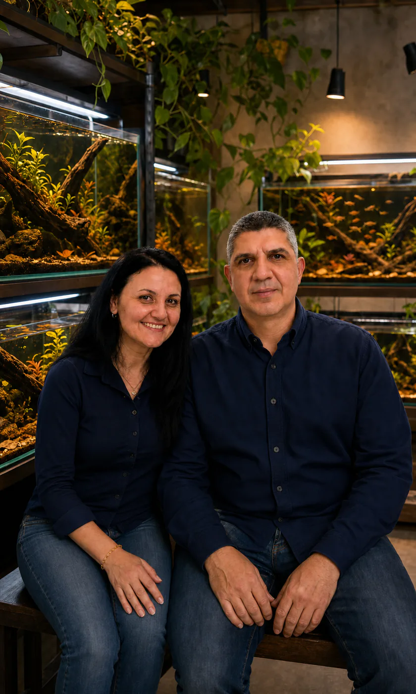Dany and his wife seated in front of a large planted aquarium.