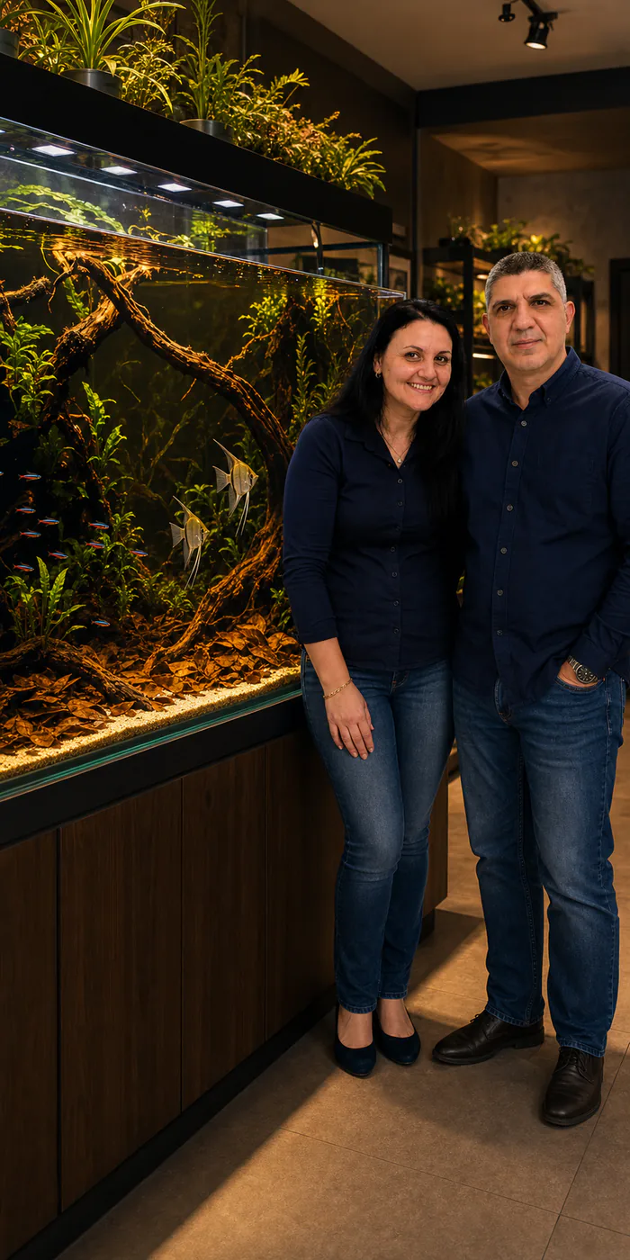 Dany and his wife standing beside a tall blackwater aquarium.
