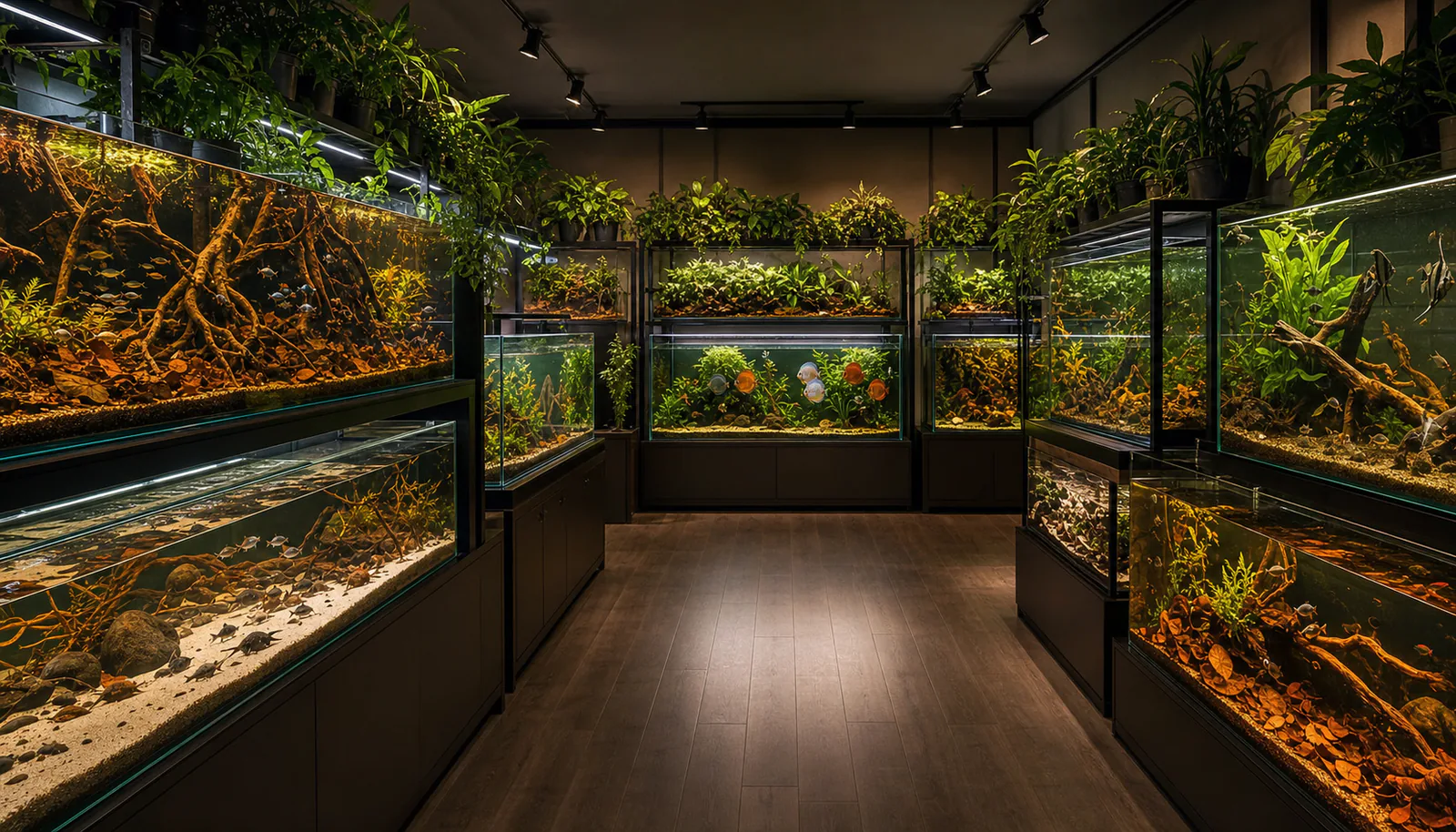 Immersive room lined with substantial planted and blackwater aquariums.