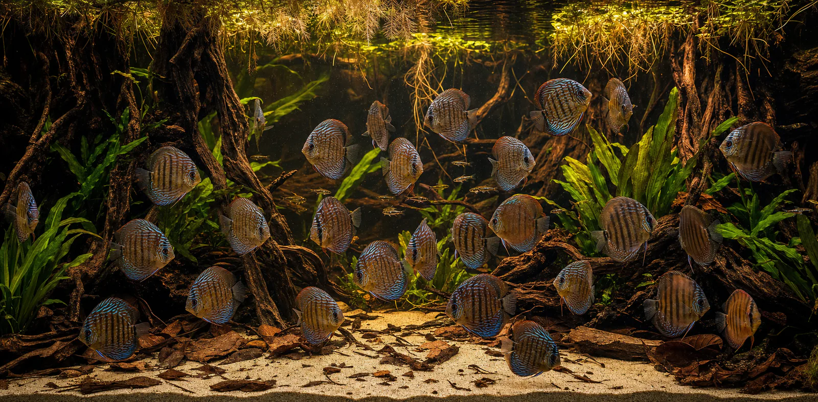 Large group of discus swimming through roots and submerged plants.