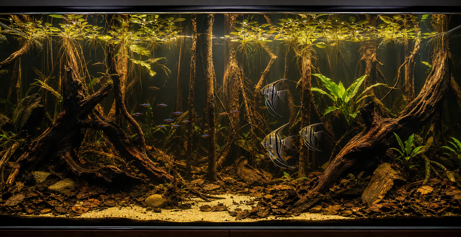 Angelfish moving through tall roots in a flooded-forest-inspired aquarium.