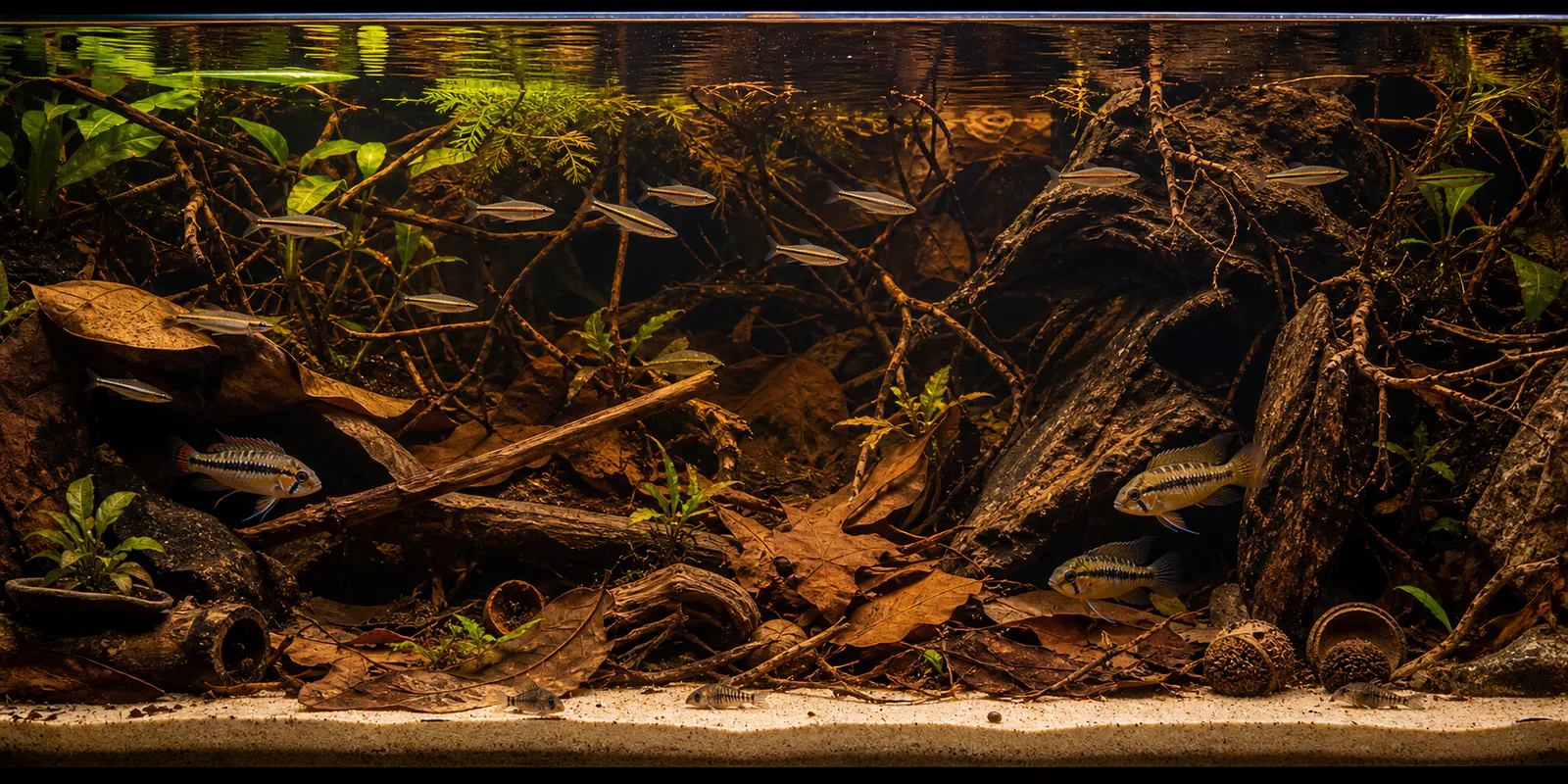 Leaf-litter aquarium with branching wood and small cichlids sheltering near the bottom.