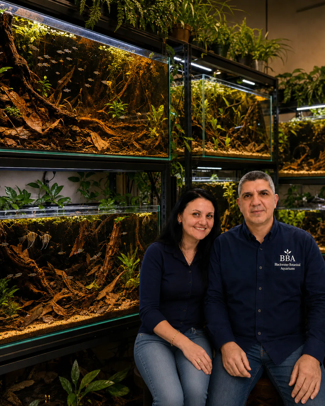 Dany and his wife seated beside a room of large planted blackwater aquariums.