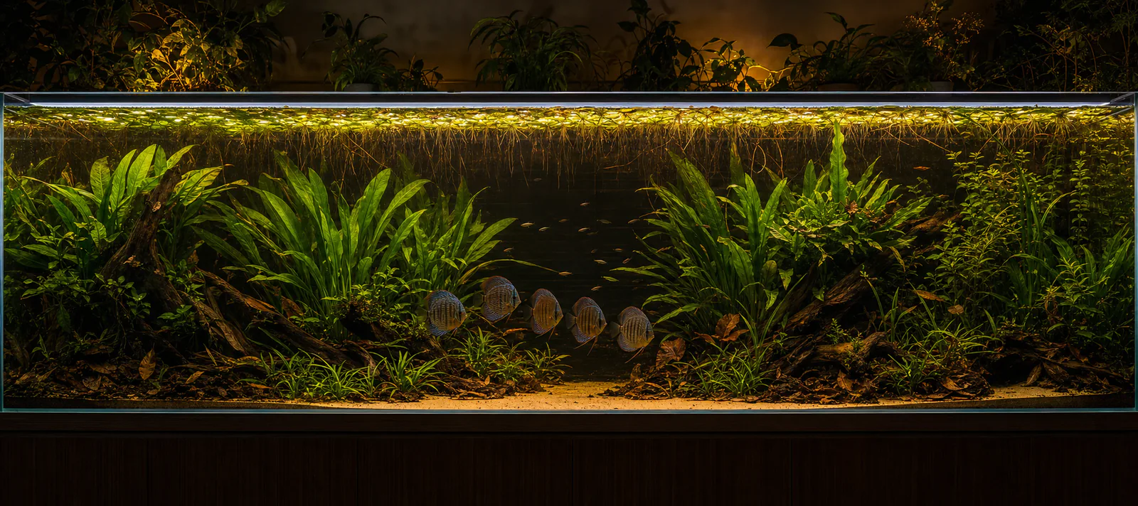 Wide planted aquarium with discus moving through a dense green margin.