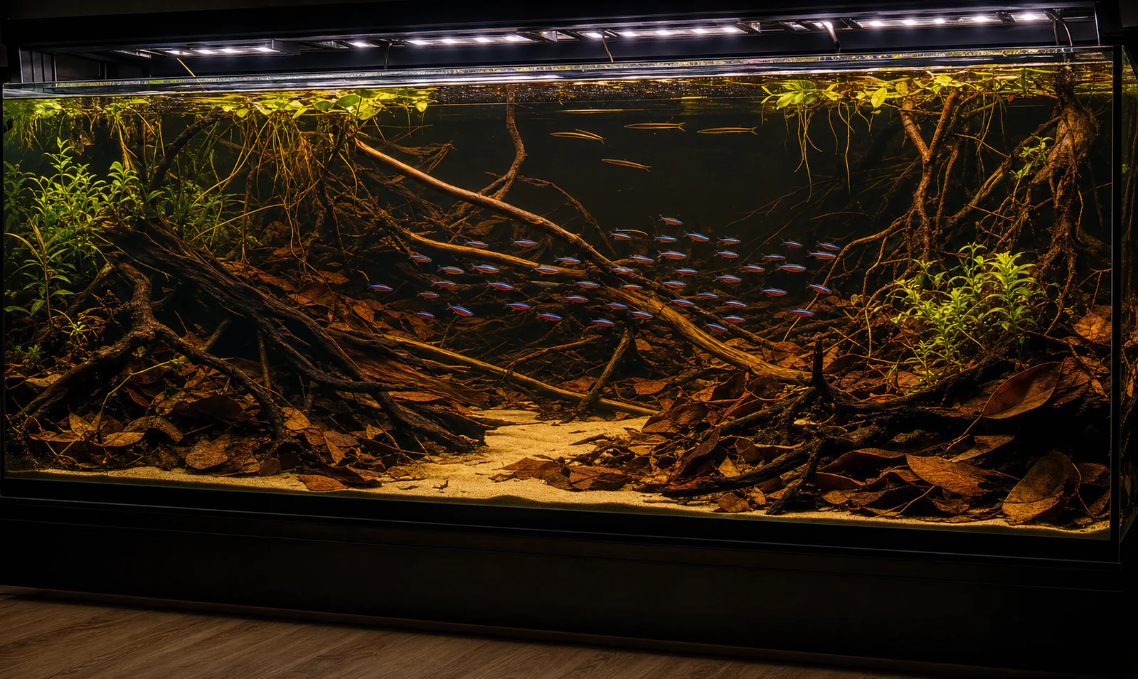 Large Amazonian-inspired blackwater aquarium with roots, leaf litter and schooling fish.