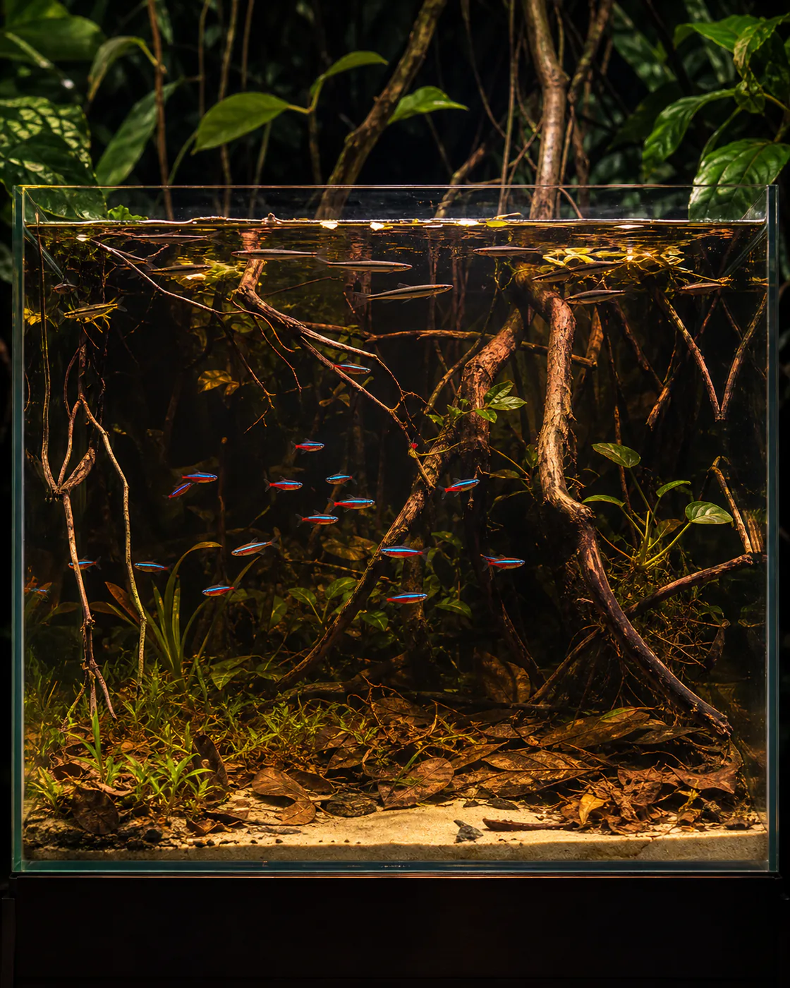 Tall blackwater aquarium with roots, leaf litter and a calm open-water channel.