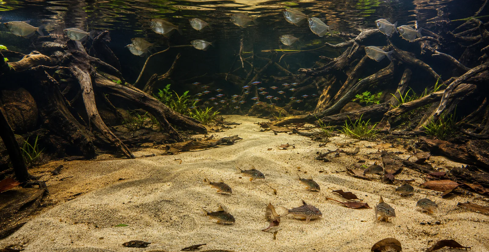 Corydoras and surface fish occupying different levels above a pale sandbank.