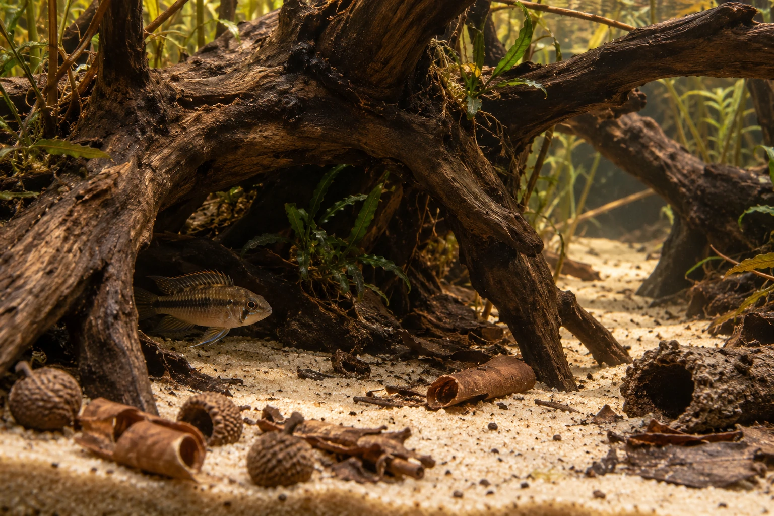 A small fish beneath an open driftwood arch, with a visible alternative route behind the roots.