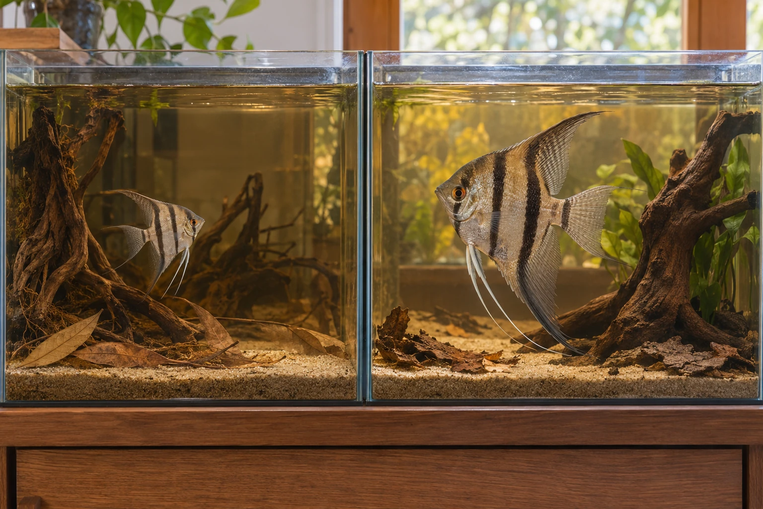 A juvenile and a larger mature angelfish in two separate aquariums with similar furnishings.