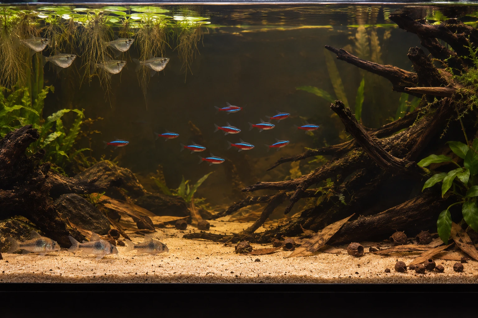 A wide aquarium with fish near the surface, a midwater group and bottom fish beside an open sandy route.
