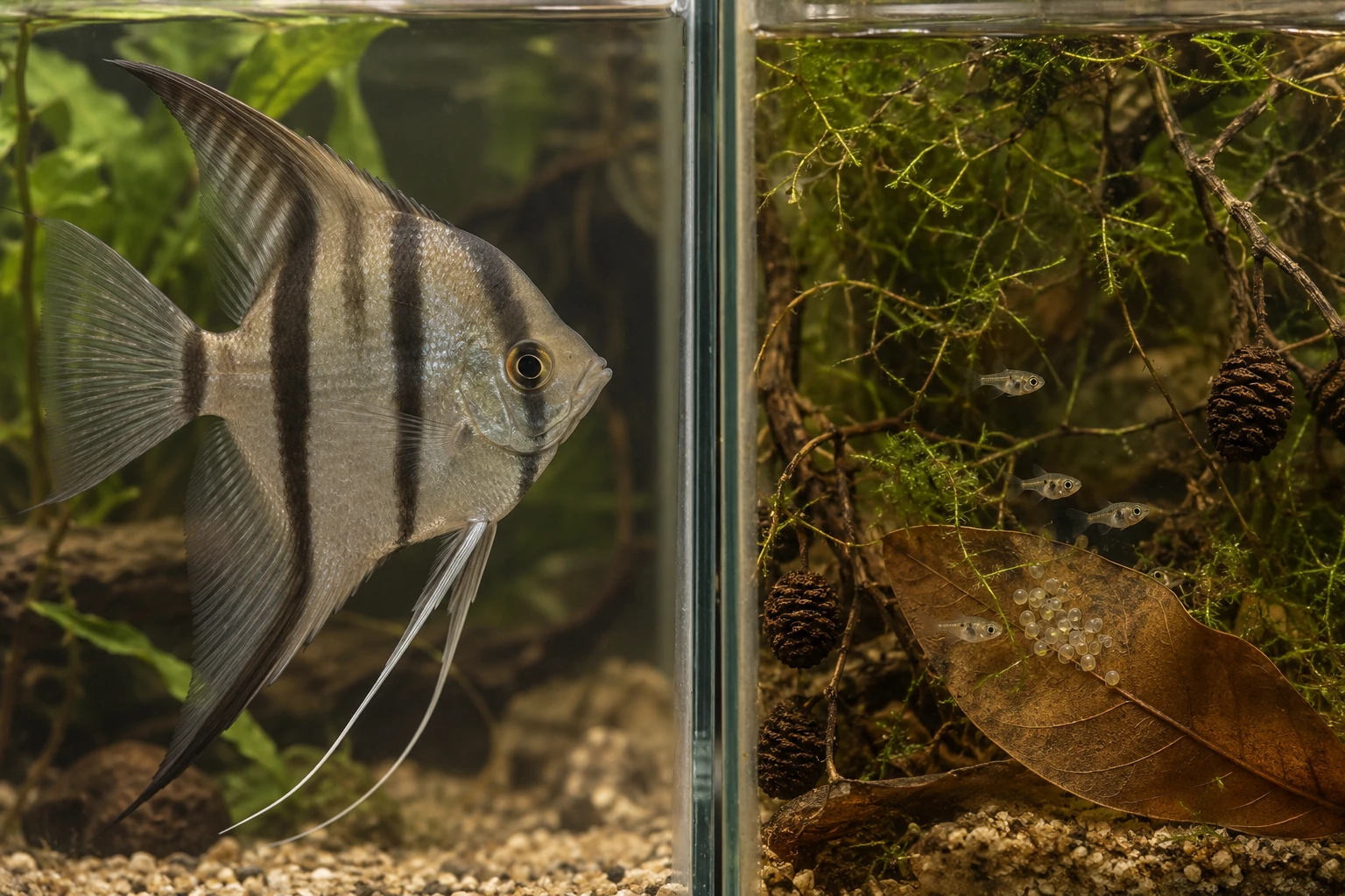 A larger angelfish in one aquarium, separated by glass from tiny fish and eggs in another.