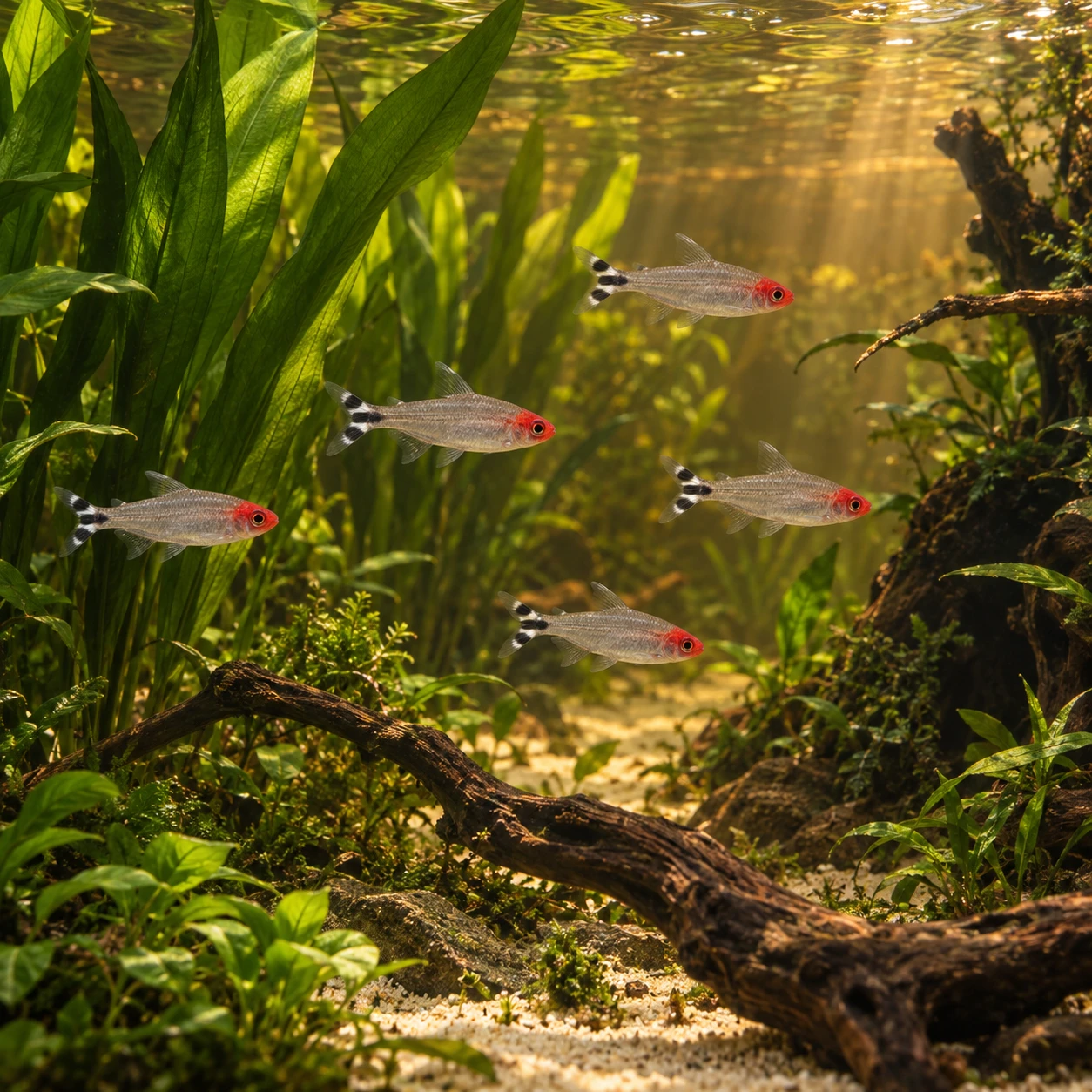 Habitat illustration of silver red-faced tetras swimming among green aquatic leaves in transparent amber water