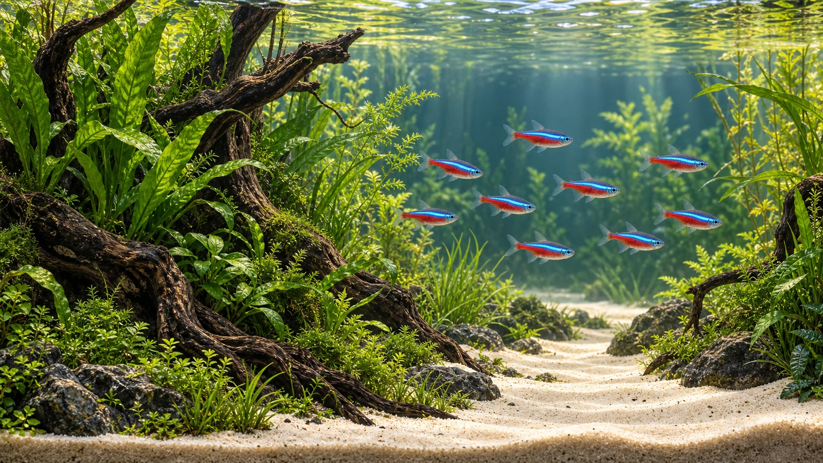 A clear-water planted aquarium with blue and red tetras, green plants, branching wood and pale sand