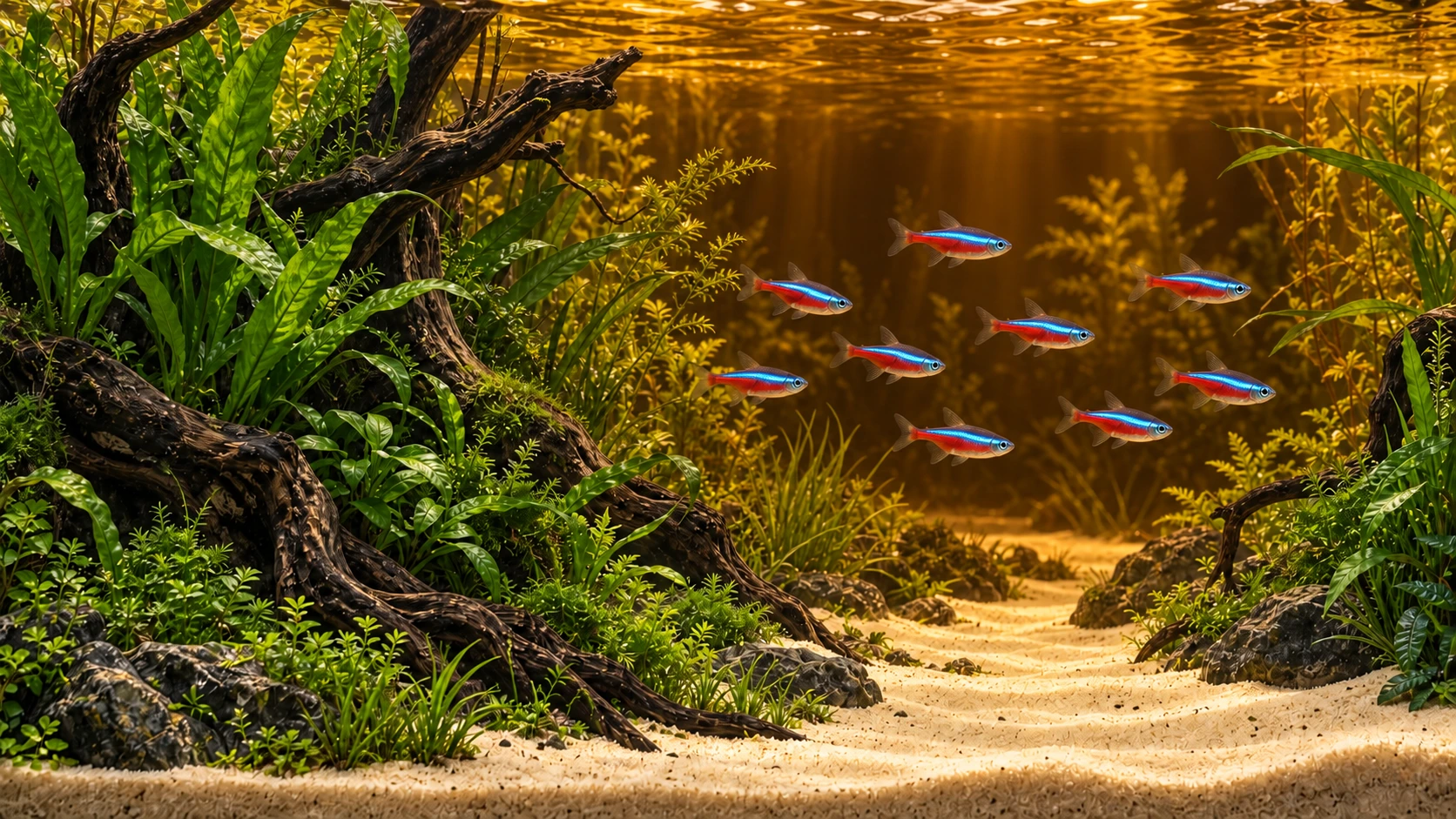 Illustrated planted aquarium in transparent amber-tinted water