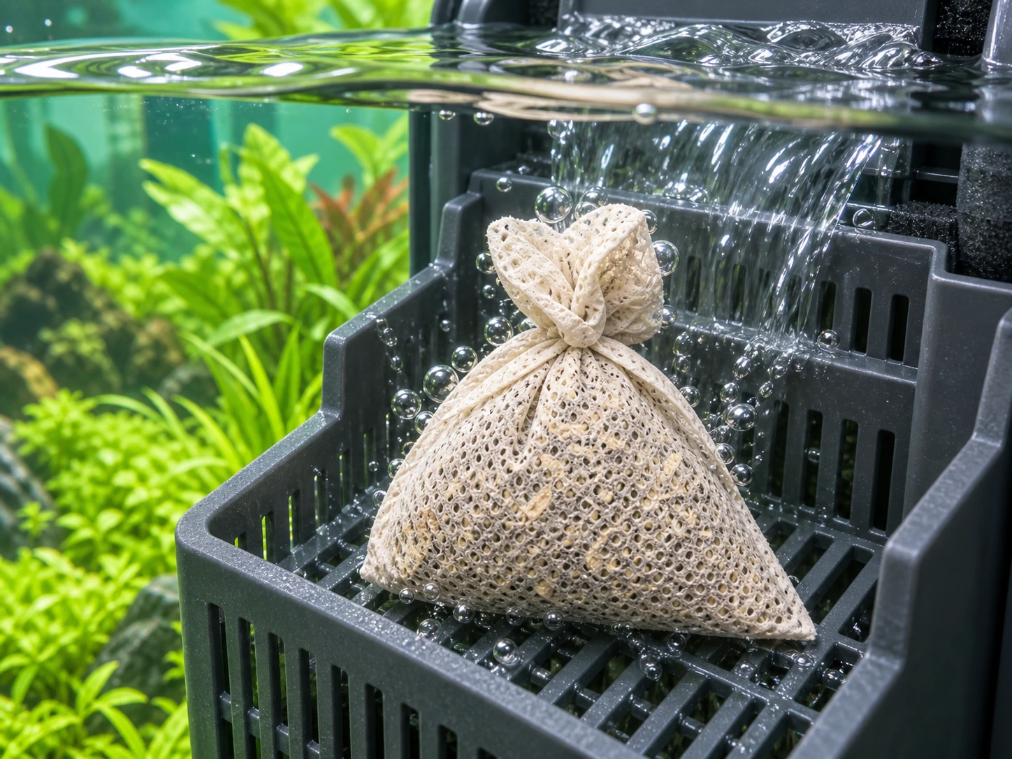Usage illustration of a BBA-shaped tied infusion sachet resting in flowing water in a filter basket