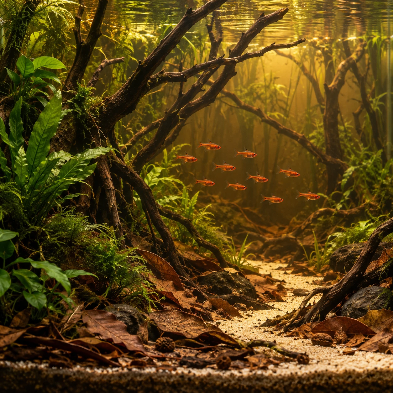 Habitat illustration of ember tetras in a planted amber-water aquascape with branching wood and open sand