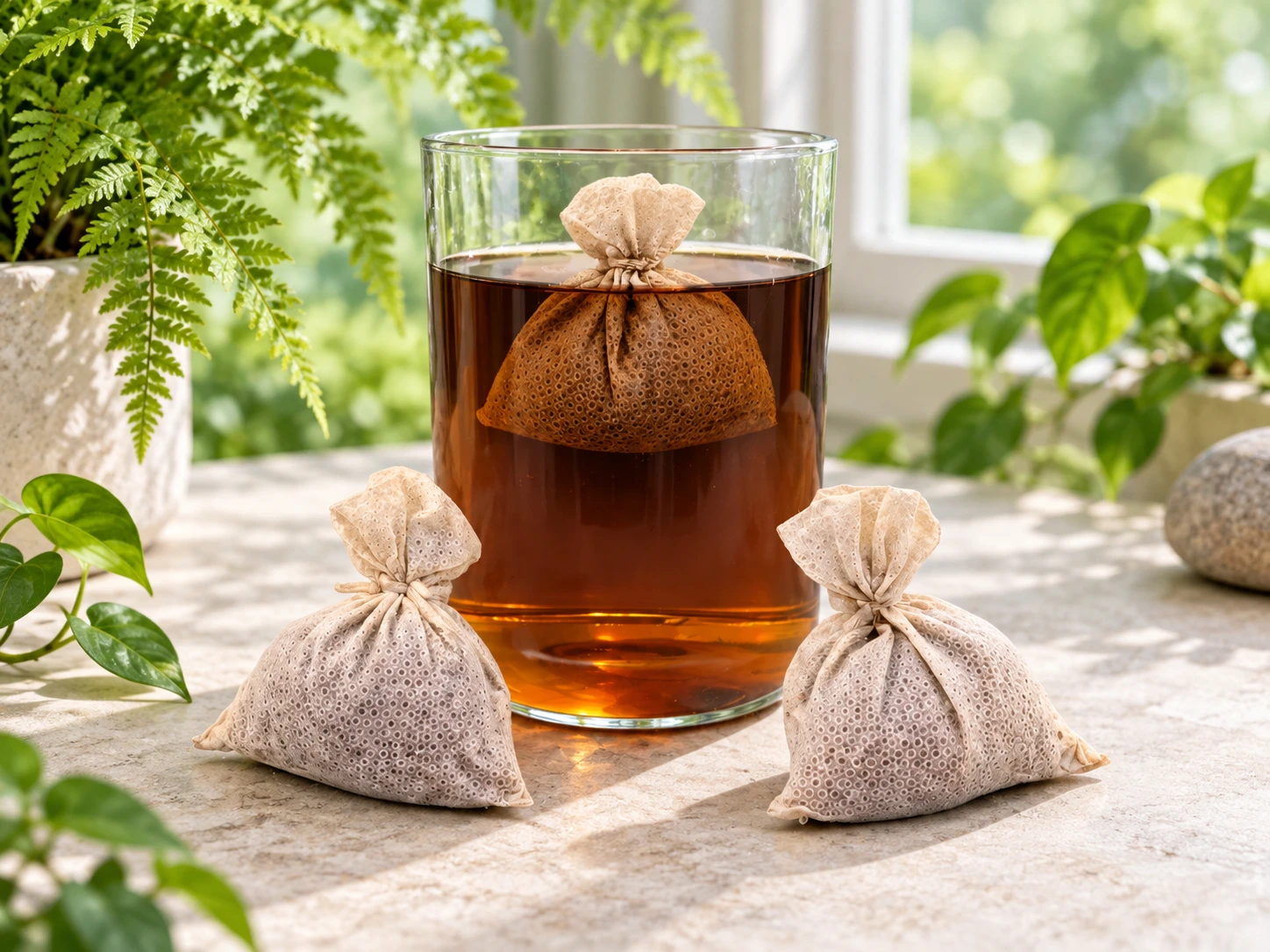 Usage illustration of a separate amber infusion in a glass beside two BBA-shaped tied sachets, with fresh green foliage and daylight