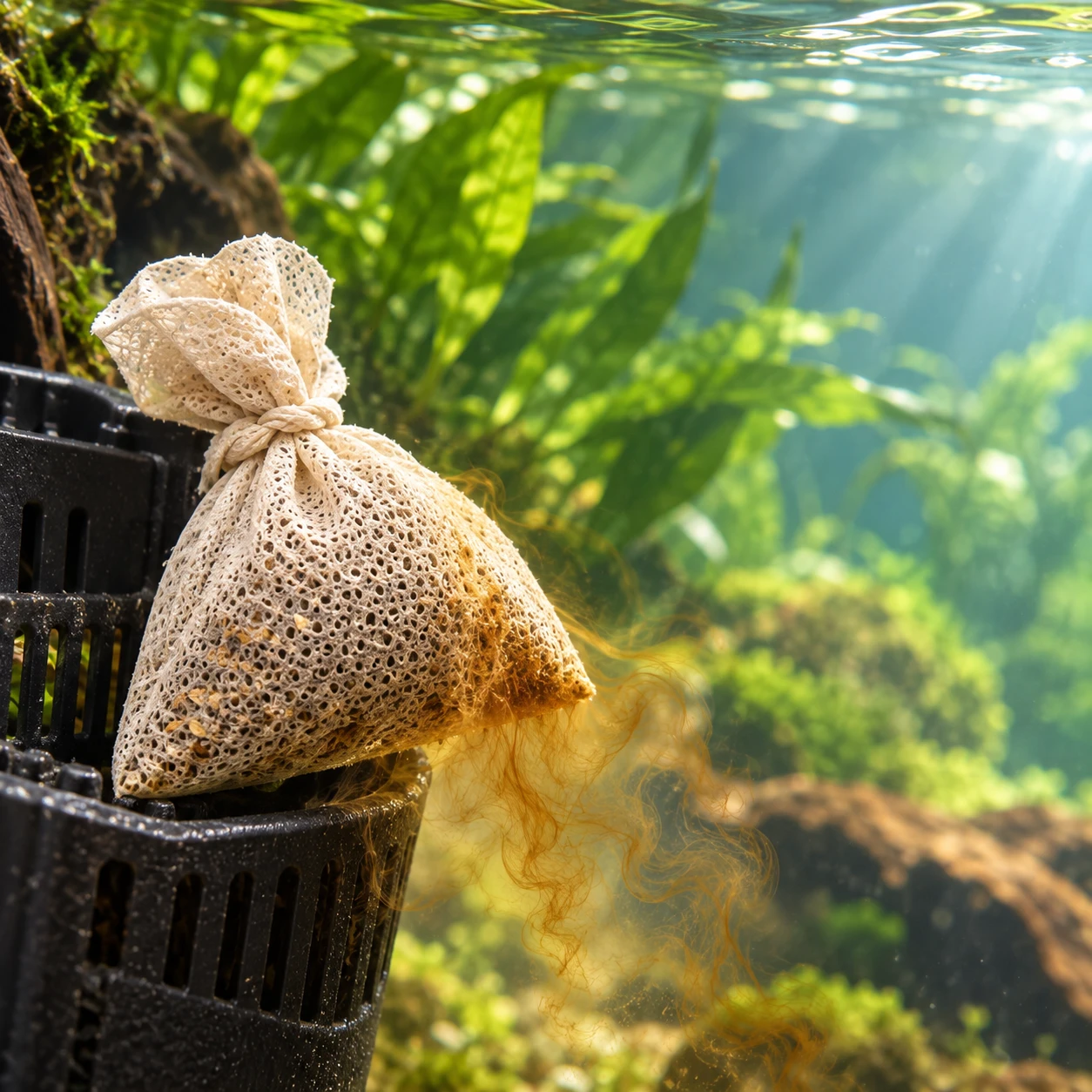 Underwater illustration of a BBA-shaped botanical sachet releasing transparent amber wisps into clear water