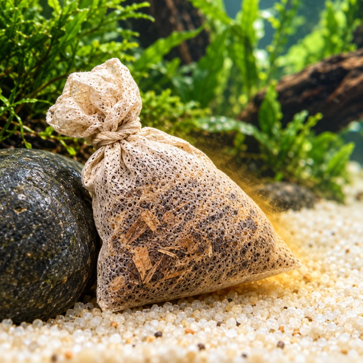 Underwater illustration showing crushed botanicals through a submerged tied porous sachet beside a pebble