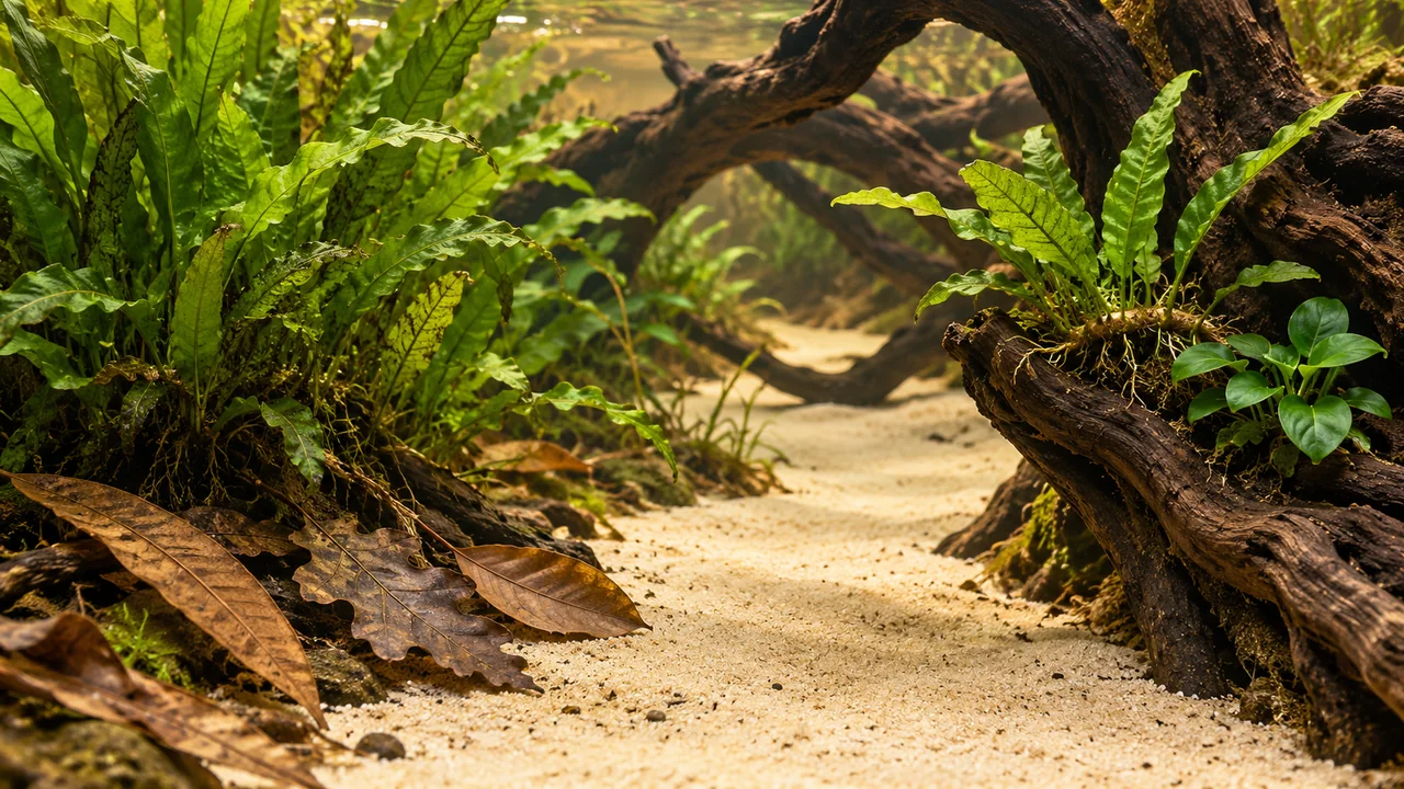 Aquatic fern and small broad-leaved plant groups sit beside exposed driftwood, leaving a continuous sandy corridor between them.