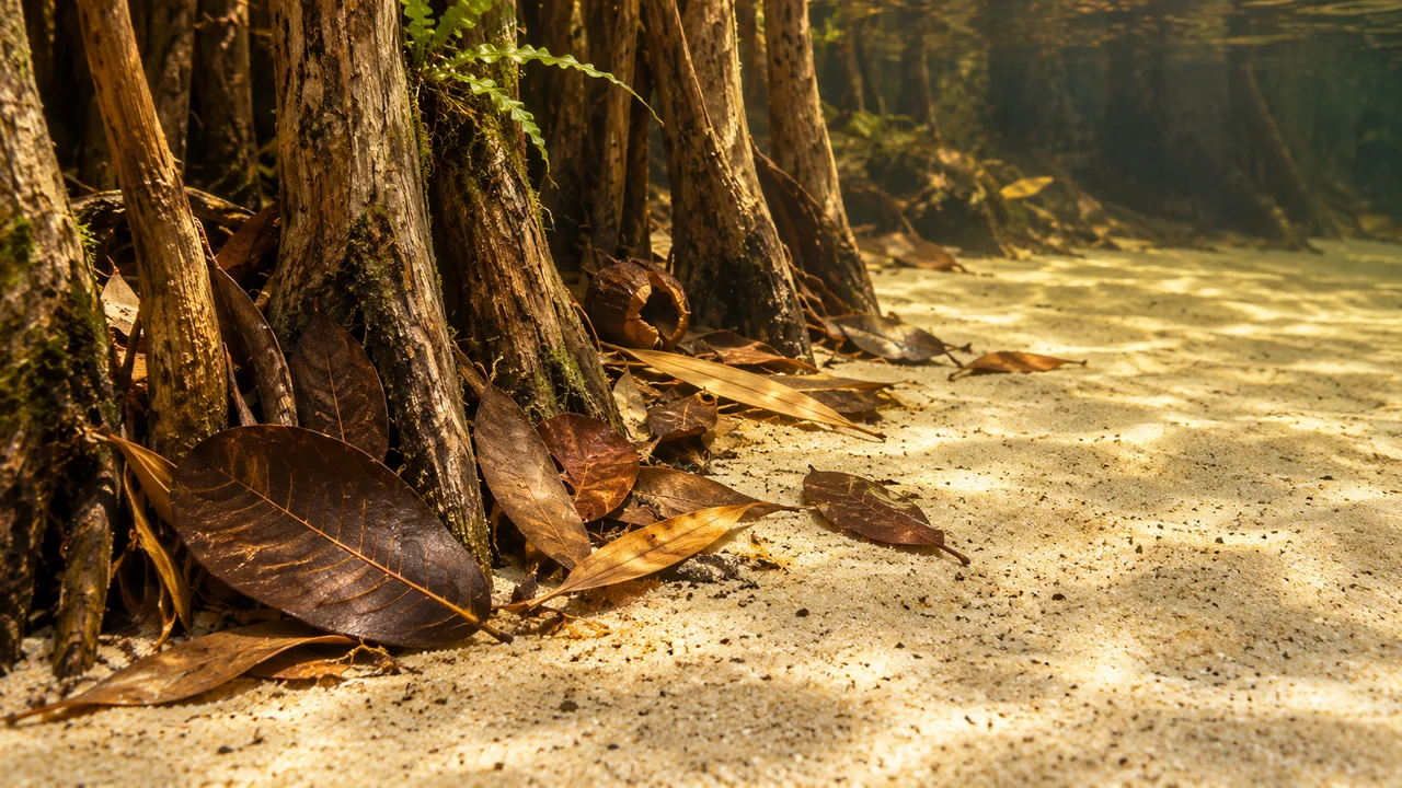 Shallow pockets of broad and narrow brown leaves gather around upright roots and taper onto open pale sand.