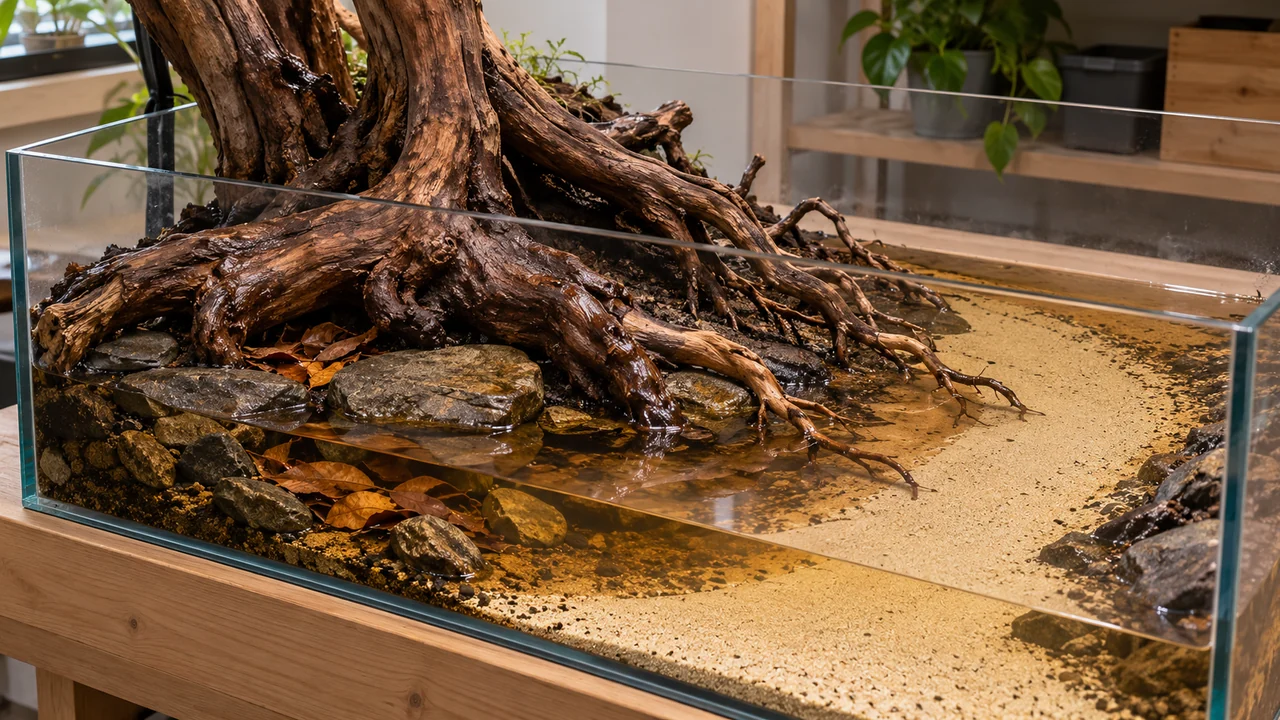 Part-filled aquarium showing the broad root base, stable contacts and curved open sand route.