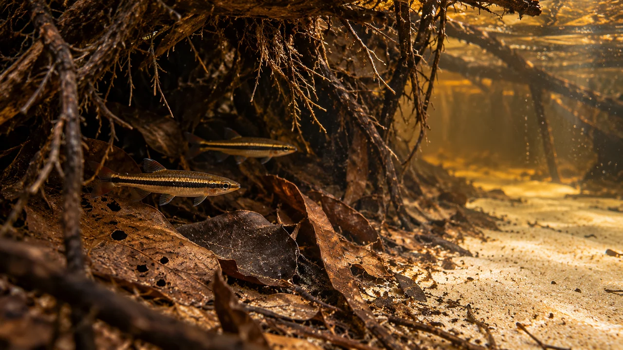 Dwarf pencilfish under fine roots beside a small brown leaf pocket and open sand.