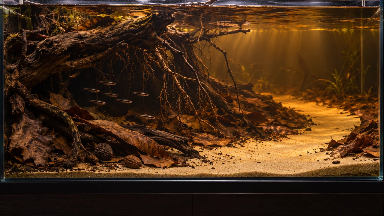 Low wooden bank beside a curved pale sand channel in a transparent amber aquarium.