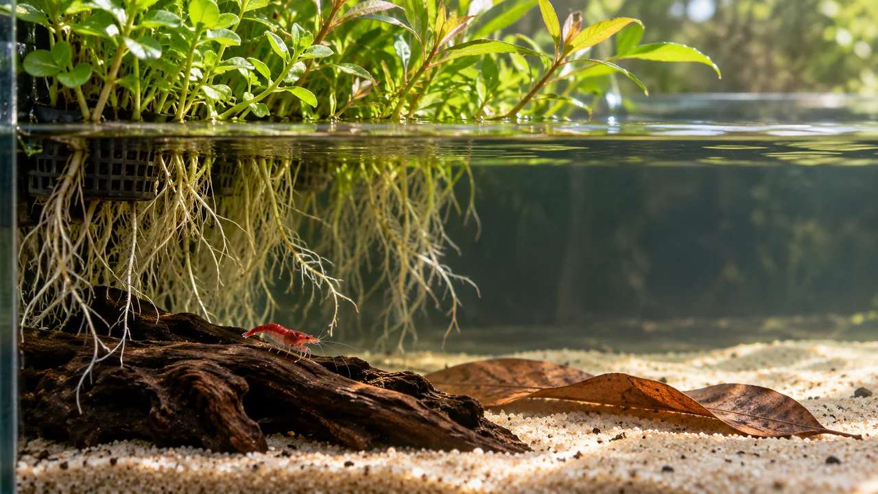 Healthy emerging stems and modest submerged roots above wood where a small cherry shrimp grazes.