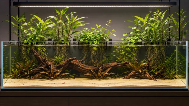 A low planted aquarium with a rear wooden rootline, supported emerging stems and open sandy foreground.