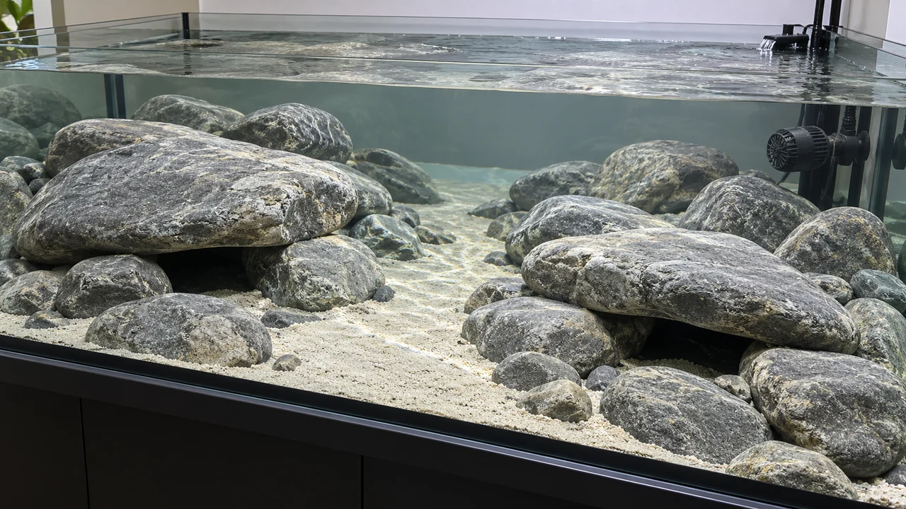 Part-filled Xingu-style aquarium showing low supported stone groups, guarded circulation and accessible channels.
