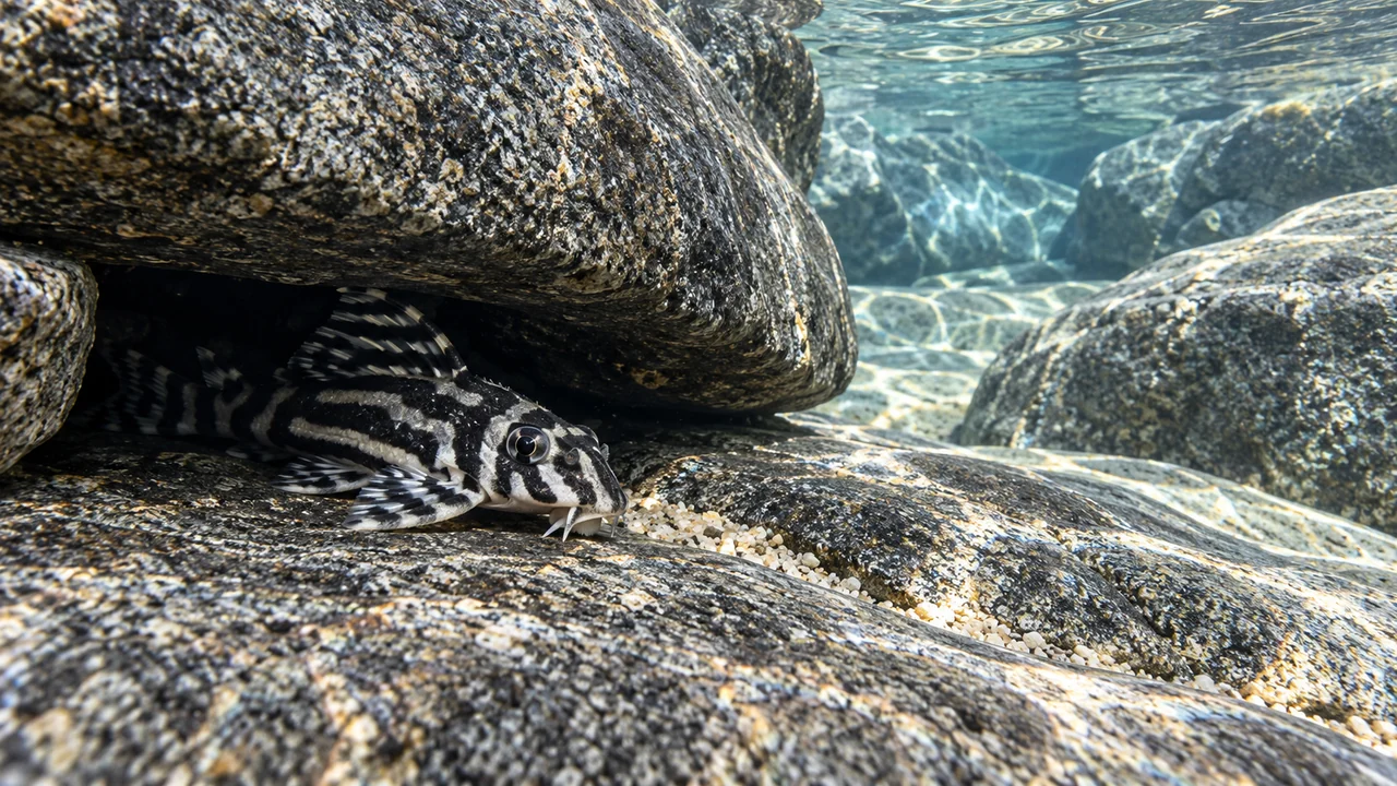 A black-and-white zebra pleco at a shaded rock crevice with open water in front.