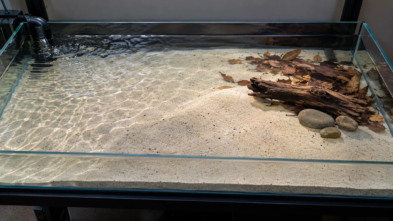 Elevated view of the shallow test fill showing the open sand, low deflector and leaf settling area.