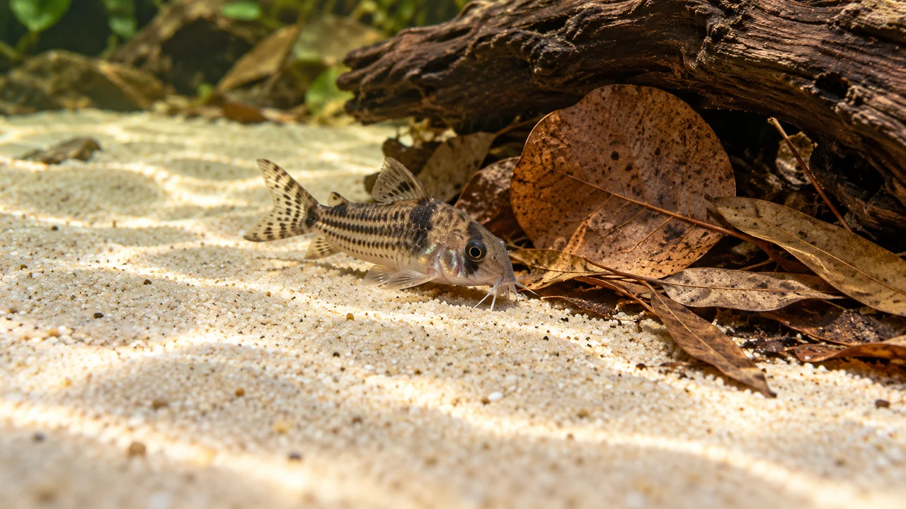 A small bottom catfish beside separated leaves at the edge of the open sandbank.