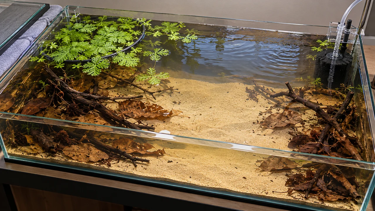 Elevated shallow-pool view showing restrained floating cover, open feeding water and accessible low twig groups.