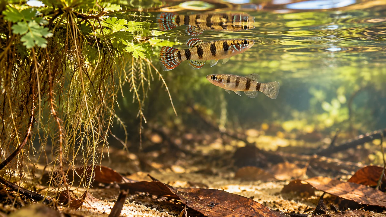 Small banded clown killifish below floating roots beside an unobstructed surface opening.