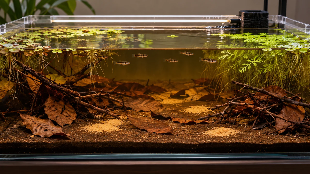 Broad shallow forest-pool aquarium with floating fern, open surface and low separated leaf islands.