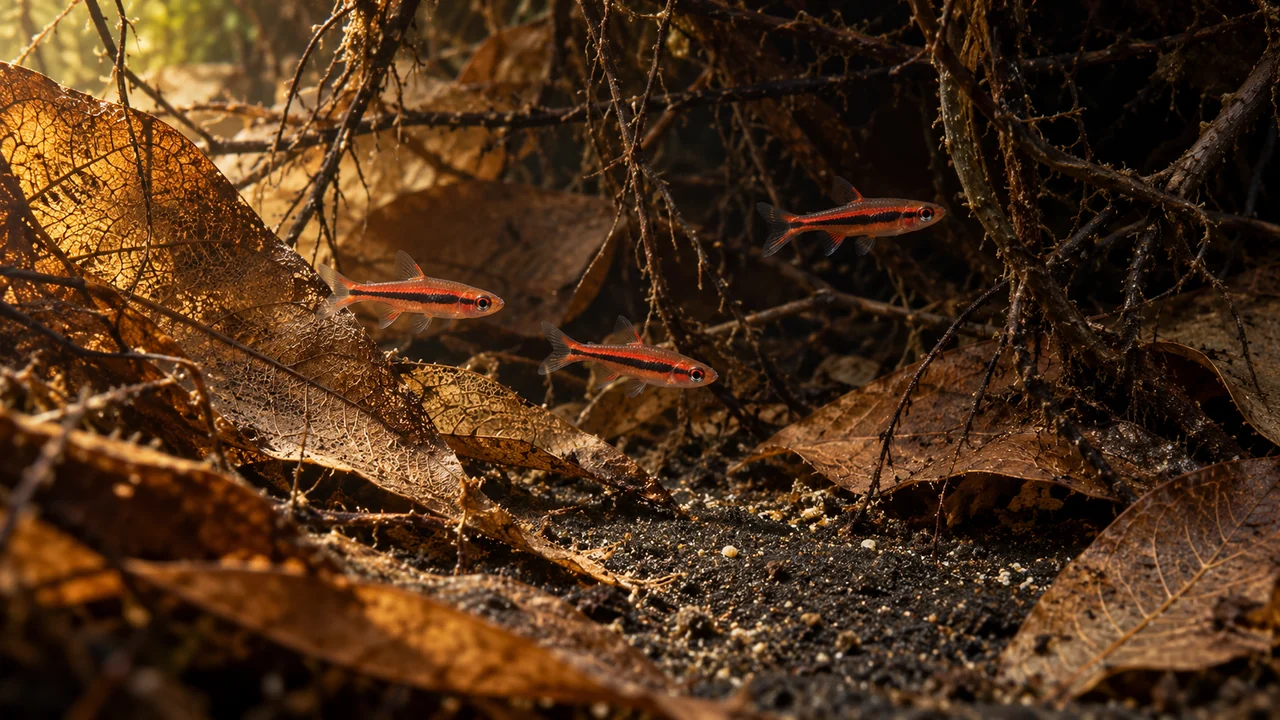 Small red chilli rasboras beside fine roots and thin leaf edges in tea-tinted water.