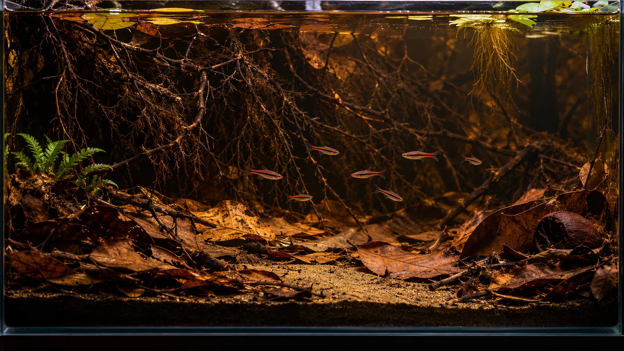 Dark transparent peat-swamp-style aquarium with low fine roots, sparse planting and separated leaf pockets.