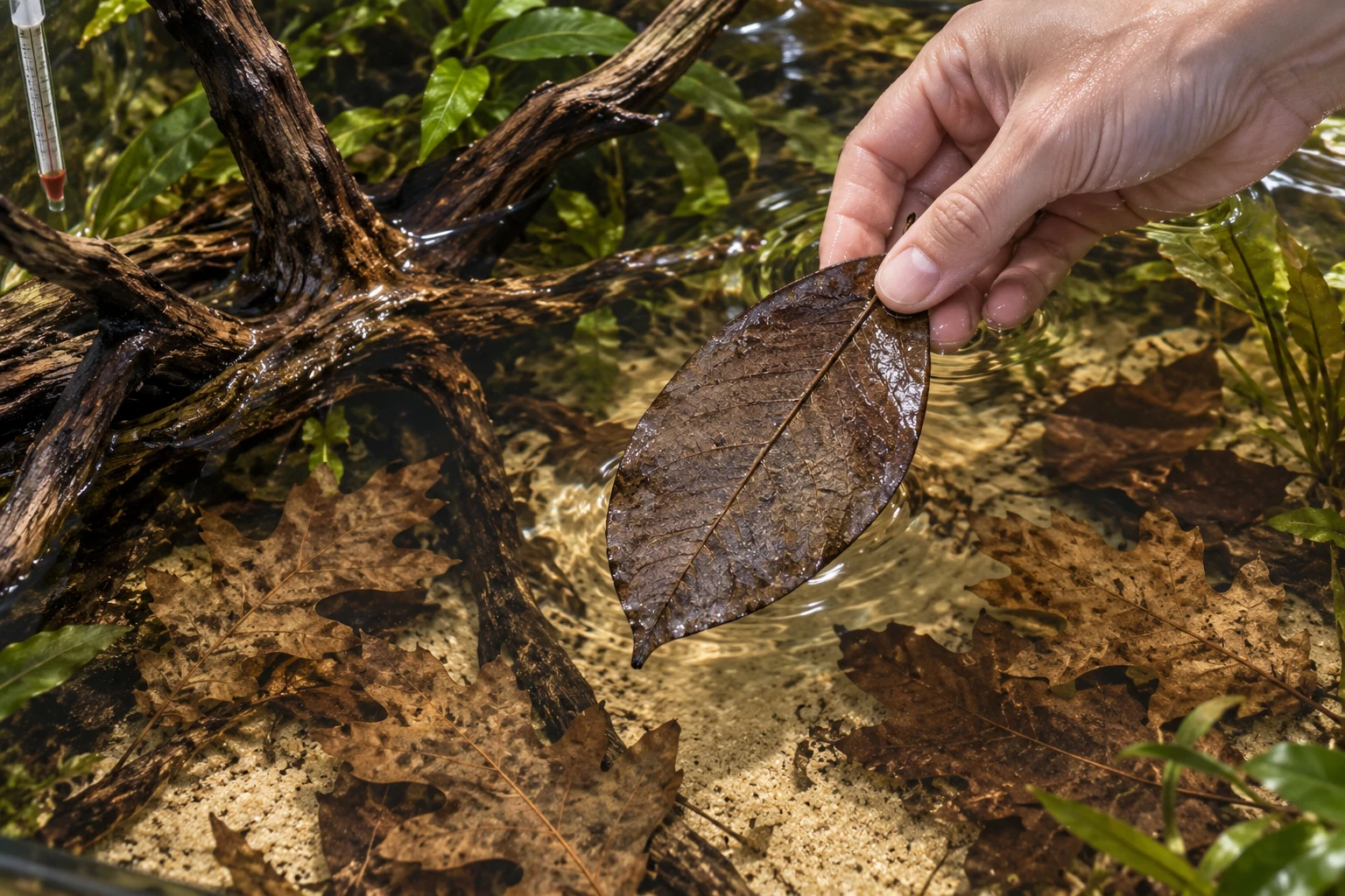 An aquarist lowers one soaked magnolia leaf beside oak litter and driftwood.