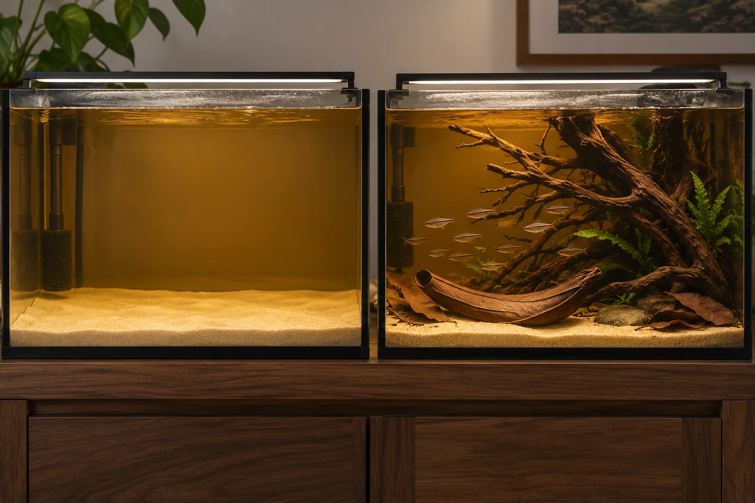 Two amber aquariums: one with sand and filter only; the other with roots, a curved palm structure, leaves and open swimming space.