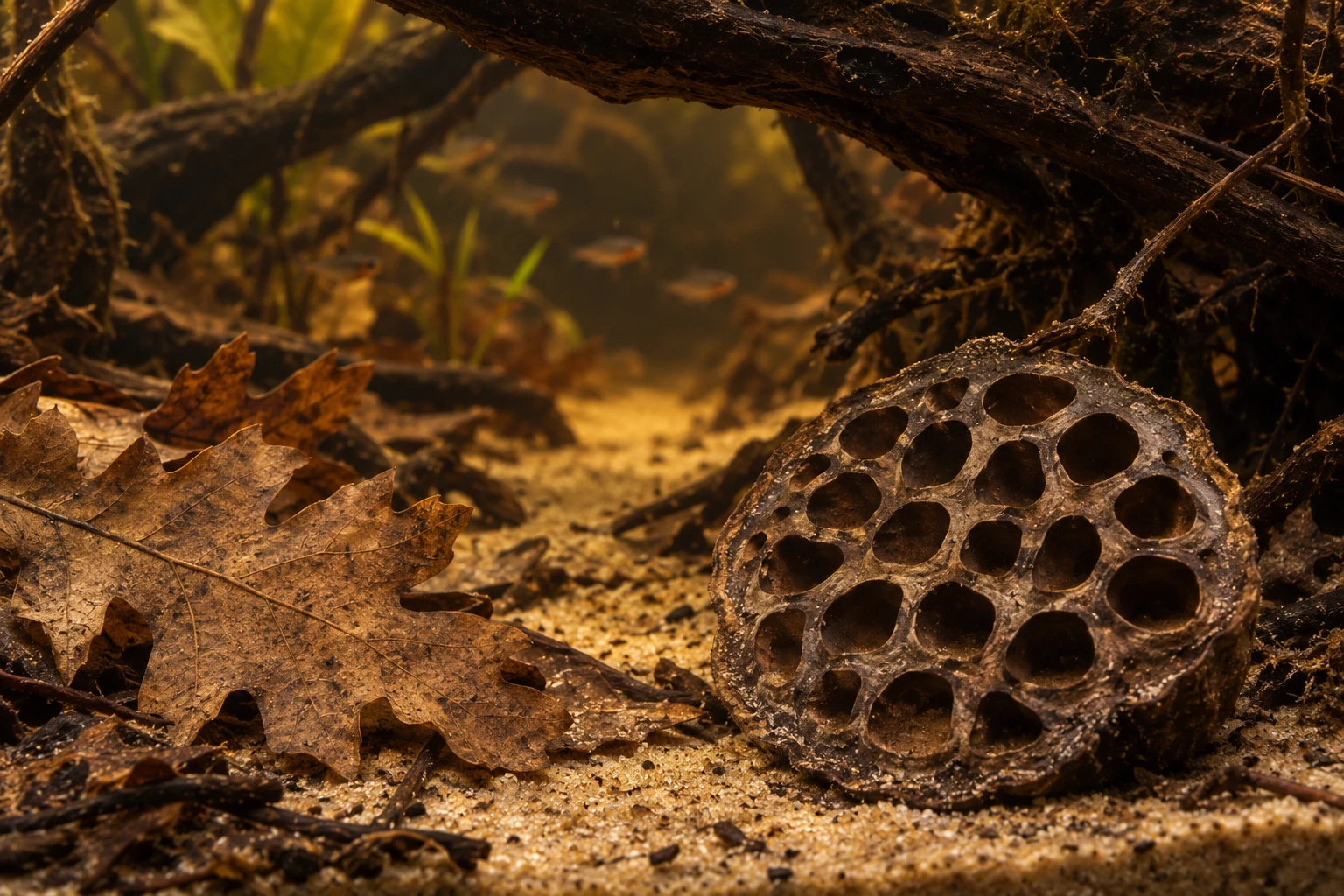 Lobed oak leaves and a perforated lotus seed pod beneath a root in clear amber water.