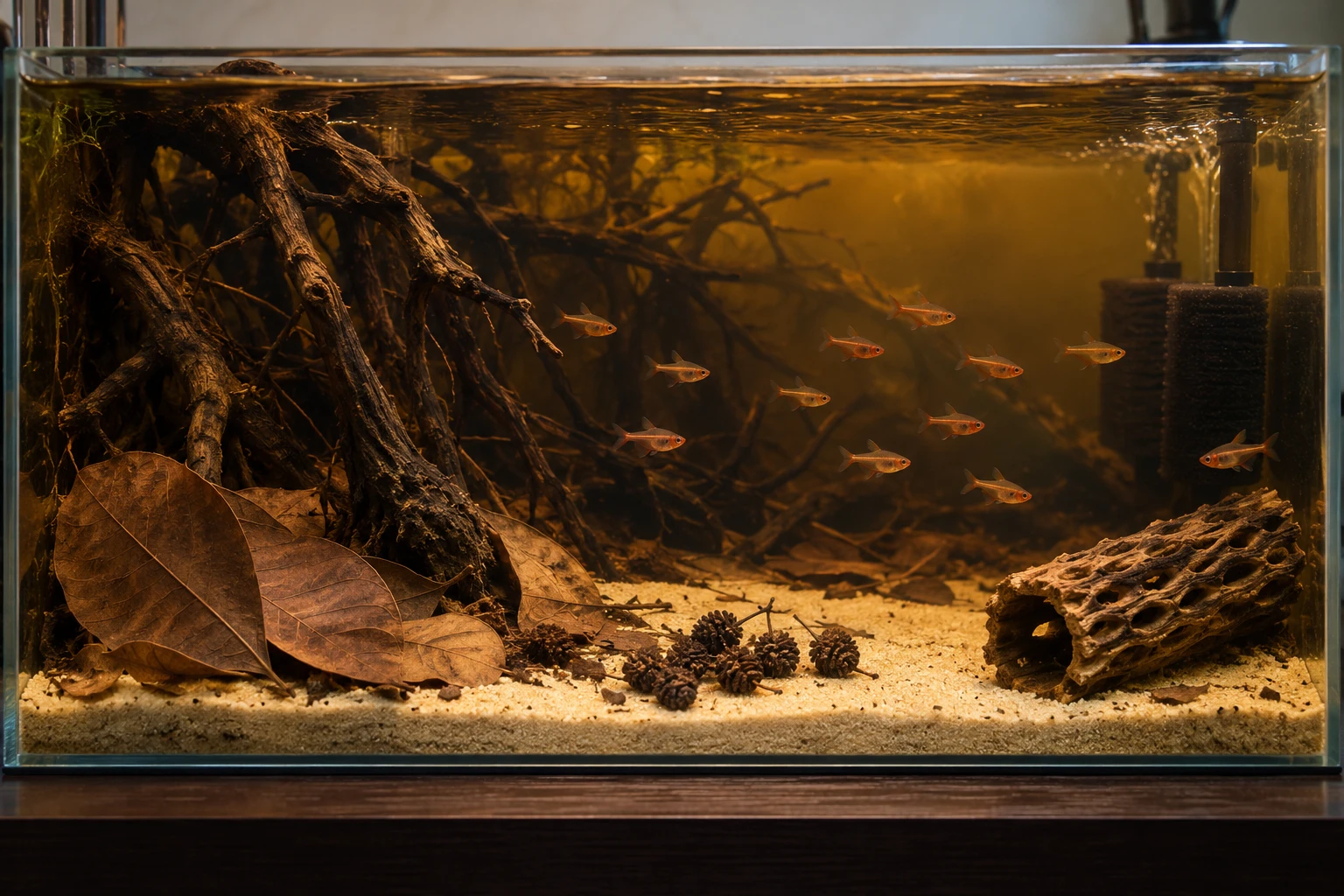 Clear amber aquarium with roots, leaf litter, open swimming space and gentle filtration.