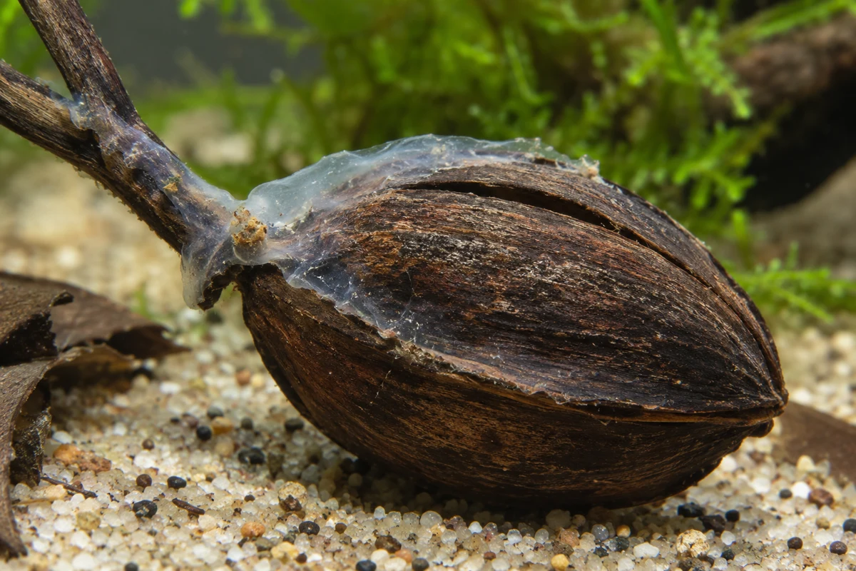 A localised translucent whitish coating along a submerged woody pod and branch.