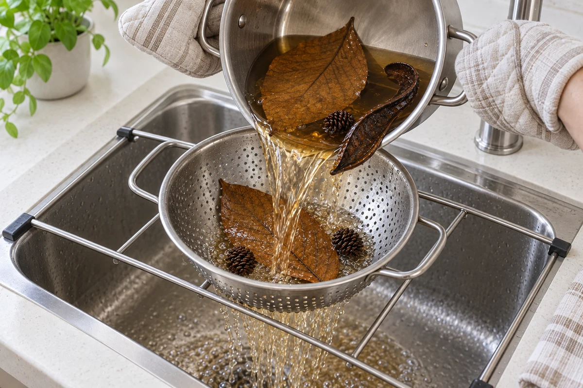 Heat-protected hands tip one batch of leaves, a curved pod and cones from a saucepan into a colander supported by a rack across the sink; preparation water drains through the holes.