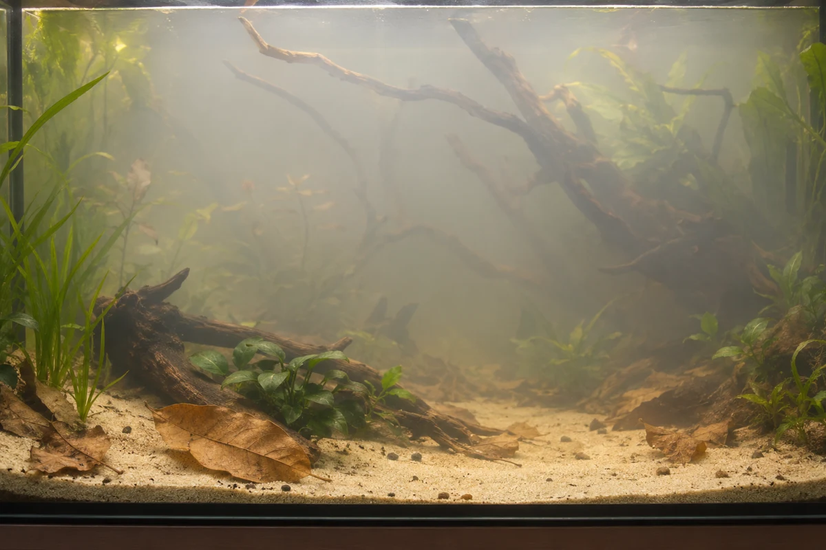 Milky haze obscuring distant aquarium branches while the nearer leaves remain visible.