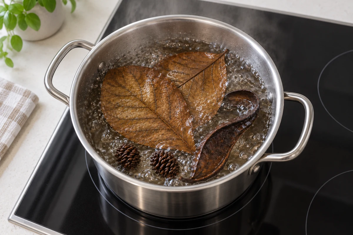 Brown leaves, alder cones and a woody pod in bubbling water in a stainless saucepan.