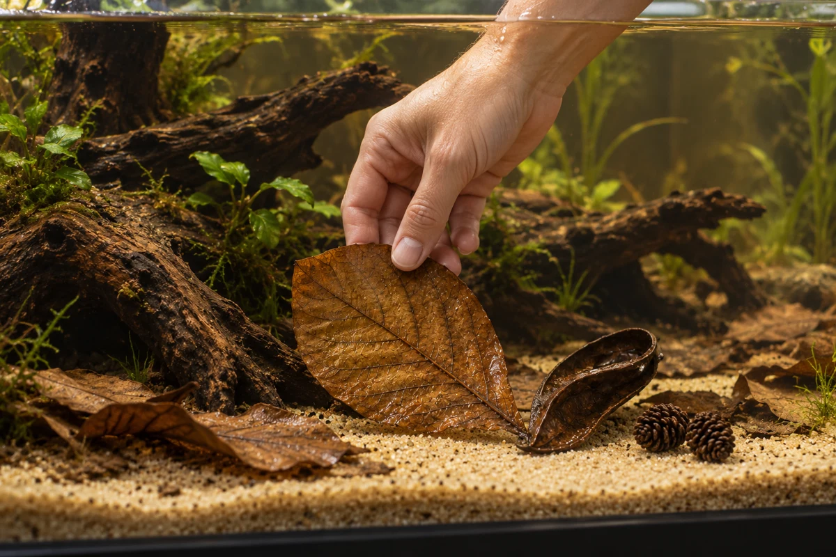 A hand placing one soaked brown leaf into an established botanical aquarium.
