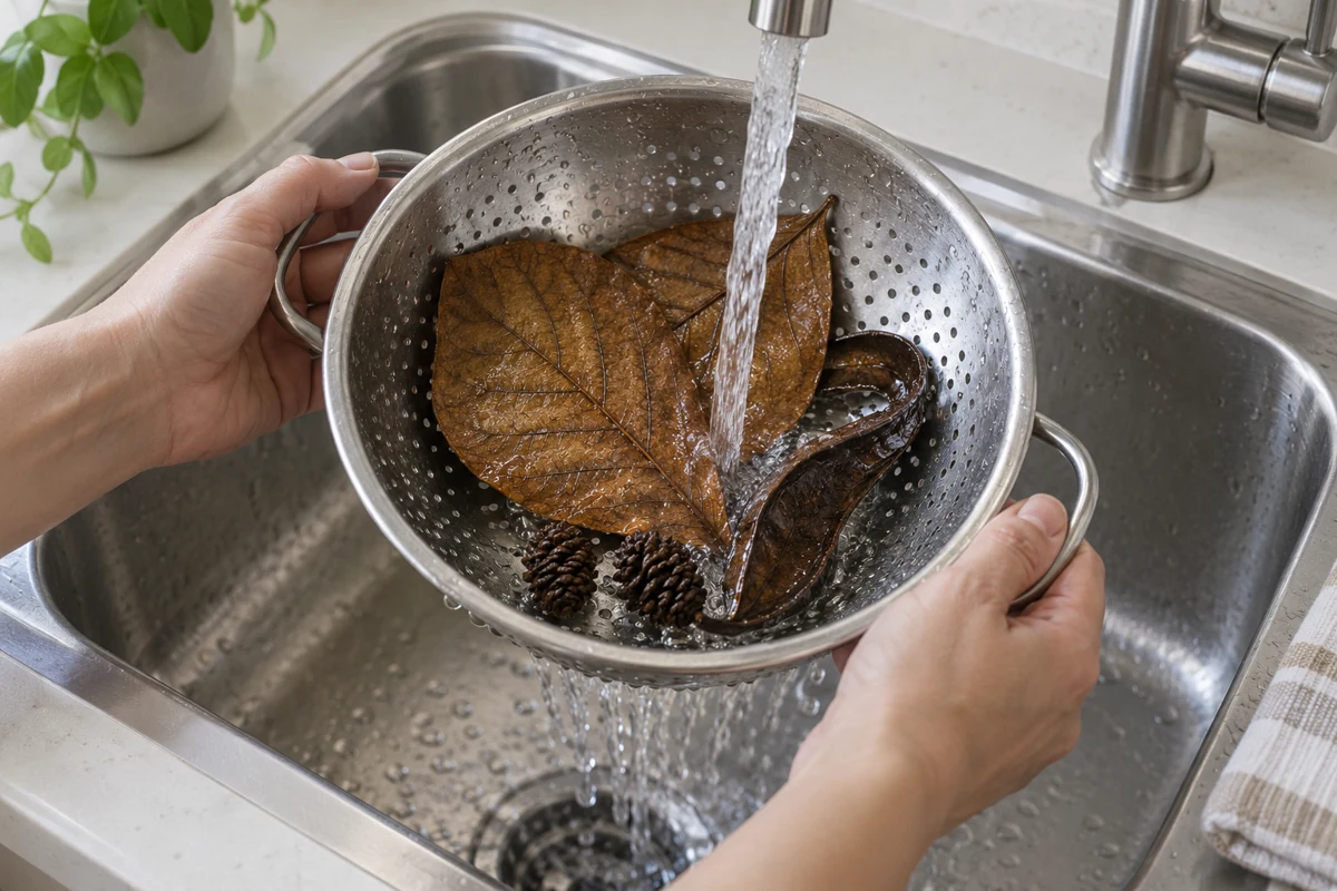 Hands rinsing brown leaves, cones and a woody pod under running water in a metal colander.